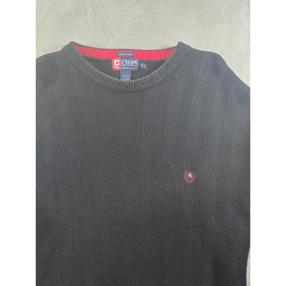 Chaps Ralph Lauren Sweater Mens XXL Fit XL Black Herringbone Knit Hand Framed